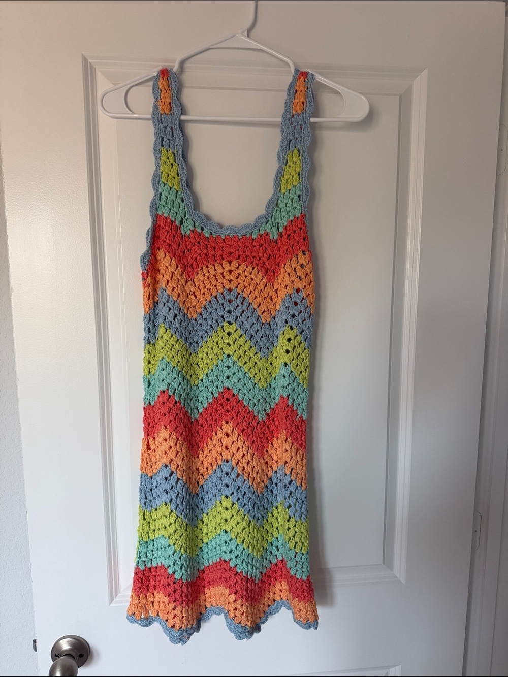 Olivaceous Multicolor Crochet Chevron Mini Dress